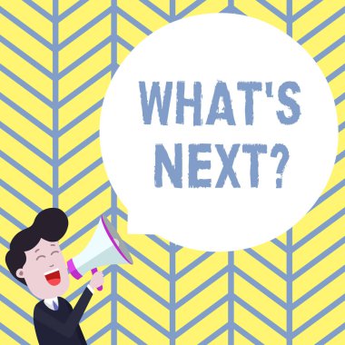 El yazısı metin yazma Ne S Nextquestion mı. Kavram aşağıdaki plan veya eylemler hakkında Belirsizlik Megafon Yüzen Yuvarlak Şekil Boş Konuşma Bubble içine Shouting Genç Adam yapmak anlamına gelir.