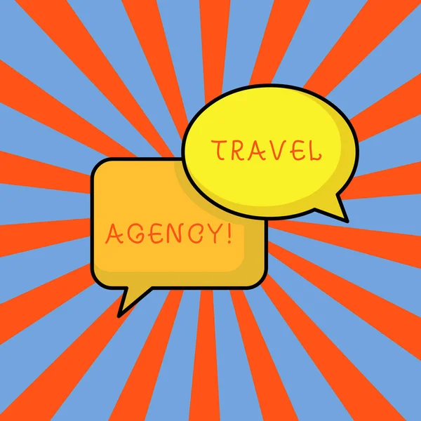 Conceptual hand writing showing Travel Agency. Business photo showcasing Agency that makes the necessary arrangements for travelers Pair of Overlapping Bubbles of Oval and Rectangular Shape. — Stock Photo, Image