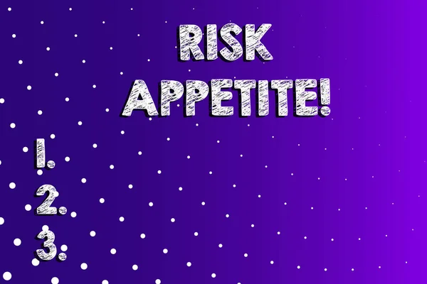 Texte montrant l'appétit pour le risque. Photo conceptuelle le niveau de risque qu'une organisation est prête à accepter Lilas Violet Contexte Pois blancs éparpillés dans une perspective linéaire . — Photo