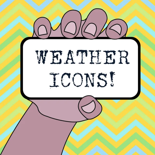Handschrift Text Wetter-Symbole. Konzept bedeutet, auf einem synoptischen Diagramm für die Wettervorhersage Nahaufnahme Smartphone-Gerät in der Hand mit leerem Bildschirm und Textfläche verwendet aufgetragen. — Stockfoto
