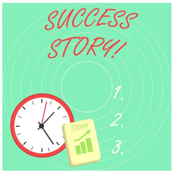 Scrittura di testi Word Storia di successo. Concetto di business per qualcuno o qualcosa che ha raggiunto un obiettivo Dimostrazione di successo Layout Wall Clock Blocco note con grafico a barre in scala crescente e freccia che indica . — Foto Stock