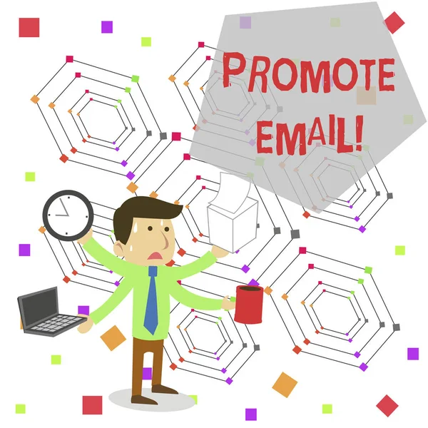 Writing note showing Promote Email. Business photo showcasing sending a commercial messages to potential or current clients Stressed Male Employee Manager Multitasking Meet Deadline. — 스톡 사진