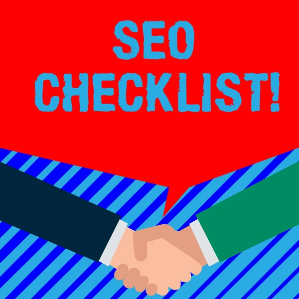 Texto de escritura de palabras Seo Checklist. Concepto de negocio para la lista de elementos necesarios para optimizar el motor de búsqueda Dos personas tienen una conversación burbujeante mientras se saludan y se dan la mano . —  Fotos de Stock