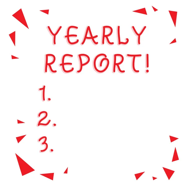 Znak tekstowy przedstawiający raport roczny. Zdjęcie koncepcyjne podsumowanie finansowe firmy s jest działalność w ciągu roku Red Confetti Shrapnel kawałki szkła rozproszone w narożnikach pusta przestrzeń kopiowania. — Zdjęcie stockowe