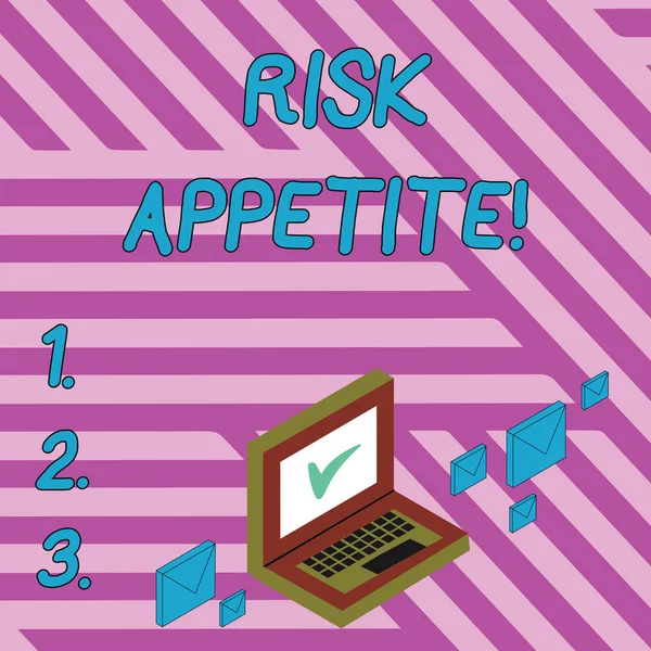 Handwriting text writing Risk Appetite. Concept meaning the level of risk an organization is prepared to accept Color Mail Envelopes around Laptop with Check Mark icon on Monitor Screen. — Stock Photo, Image