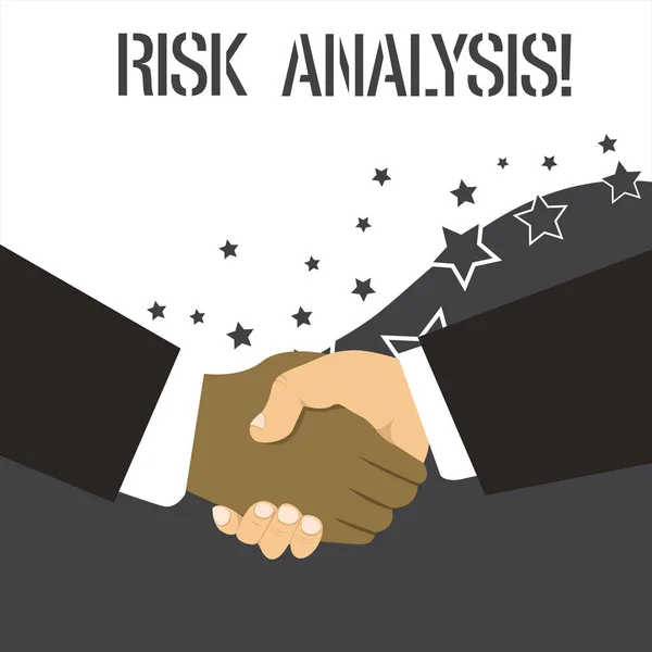 Word writing text Risk Analysis. Business concept for review of the risks associated with a particular event Hand Shake Multiracial Male Business Partners Colleagues Formal Black Suits.