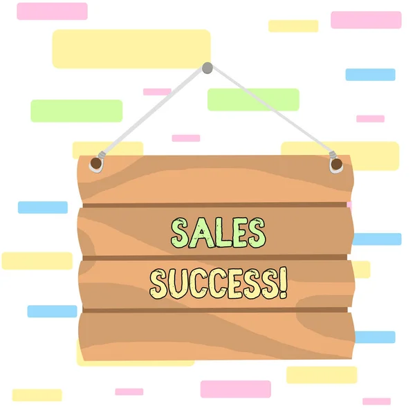 Writing note showing Sales Success. Business photo showcasing force to close more deals and increase margins Make more sales Hook Up Blank Sign Plate. Empty Wooden Signboard with Lope for Hang. — 스톡 사진