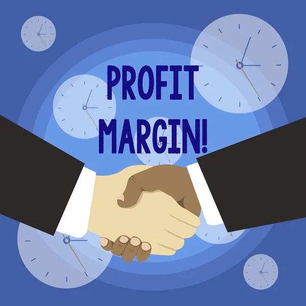 Conceptual hand writing showing Profit Margin. Business photo text amount by which revenue from sales exceeds costs in a business Hand Shake Multiracial Male Business Partners Formal Suits.