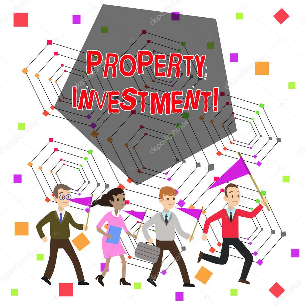 Text sign showing Property Investment. Conceptual photo Asset purchased and held primarily for its future income People Crowd Flags Pennants Headed by Leader Running Demonstration Meeting.