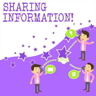 Paylaşım Bilgilerini gösteren metin işareti. Çeşitli kuruluşlar arasında veri Kavramsal fotoğraf alışverişi İşadamları İşadamları Konferans Çağrı Konuşma Tartışma Cep Telefonları.