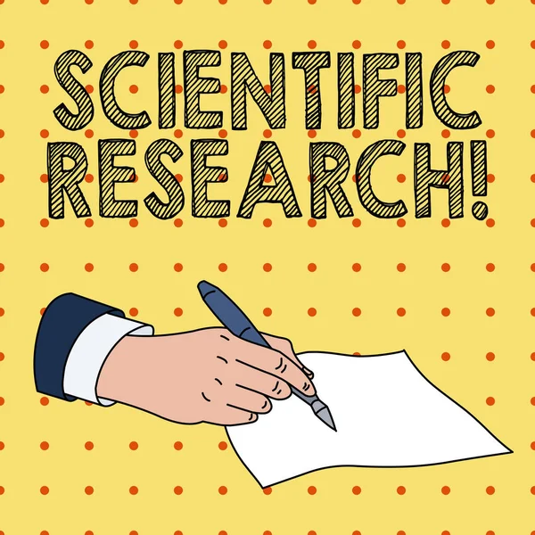 Textwissenschaftliche Forschung. Geschäftskonzept für methodische Studie, um eine Hypothese zu beweisen oder zu widerlegen männliche Hand formalen Anzug hält Kugelschreiber leeres Stück Papier Schreiben. — Stockfoto