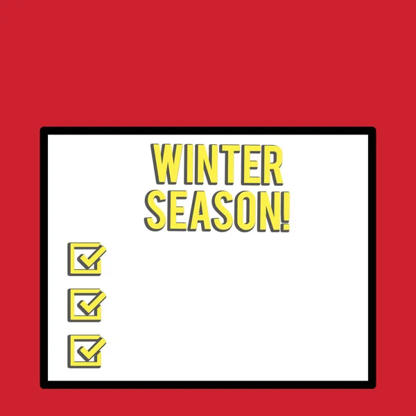 Word writing text Winter Season. Business concept for the coldest season of the year in polar and temperate zones Big white blank square background inside one thick bold black outline frame. — 스톡 사진