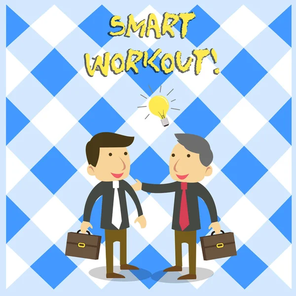 Handwriting text Smart Workout. Concept meaning set a goal that maps out exactly what need to do in being fit Two White Businessmen Colleagues with Brief Cases Sharing Idea Solution.