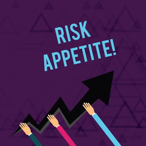 Writing note showing Risk Appetite. Business photo showcasing the level of risk an organization is prepared to accept Hands Holding Zigzag Lightning Arrow Pointing and Going Up. — ストック写真