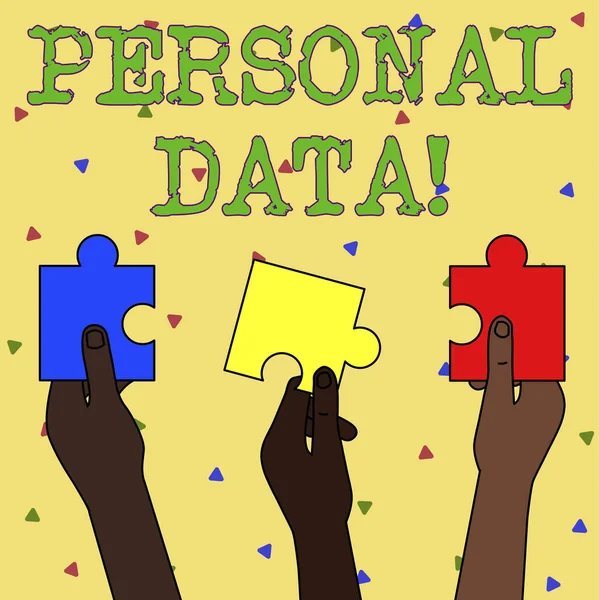 Word writing text Personal Data. Business concept for Information that relates to an identifiable individual Three Colored Empty Jigsaw Puzzle Pieces Held in Different People Hands. — Φωτογραφία Αρχείου