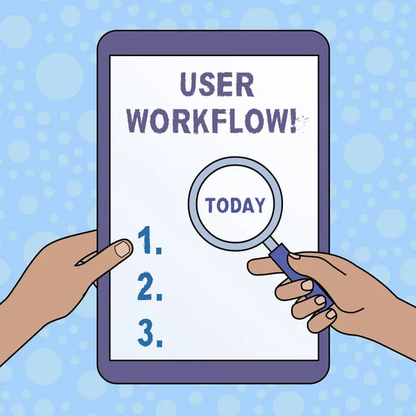 Word writing text User Workflow. Business concept for orchestrated and repeatable pattern of business activity Hands Holding Magnifying Glass Against Switched Off Touch Screen Tablet. — Stok fotoğraf