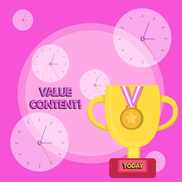 Writing note showing Value Content. Business photo showcasing Quality content writing to get good on search engine rankings Trophy Cup on Pedestal with Plaque Medal with Striped Ribbon. — ストック写真