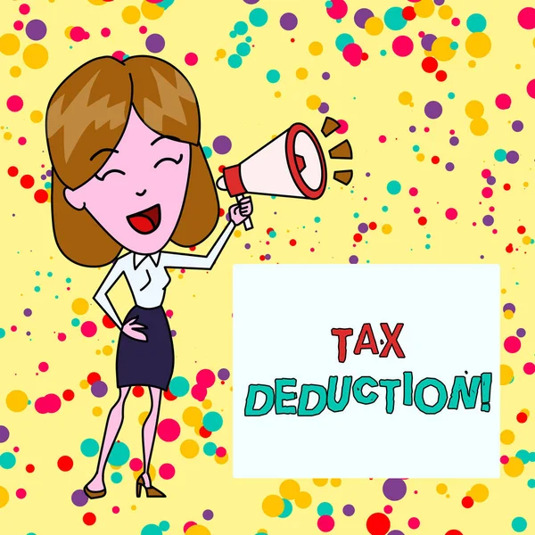 Conceptual hand writing showing Tax Deduction. Business photo showcasing amount subtracted from income before calculating tax owe Young Woman Speaking in Blowhorn Colored Backgdrop Text Box. — Stock Photo, Image