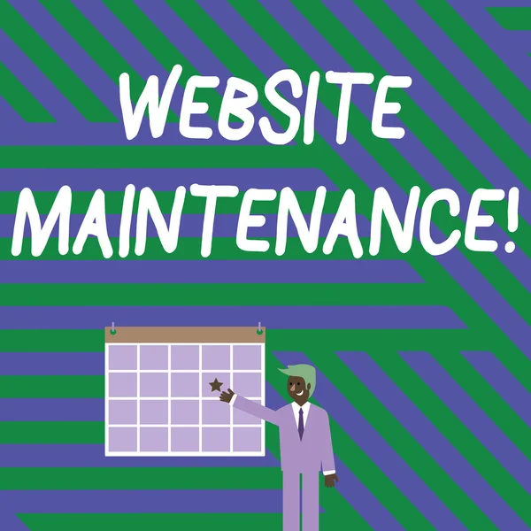 Handwriting text writing Website Maintenance. Concept meaning act of regularly checking your website for issues Businessman Smiling and Pointing to Colorful Calendar with Star Hang on Wall.