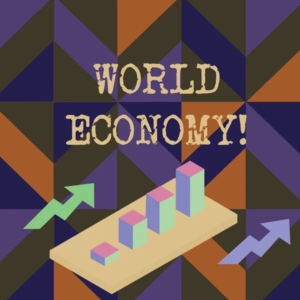 Pismo odręczne pisanie tekstu światowej gospodarki. Koncepcja znaczenie sposób, w którym kraje gospodarki są wyłaniające się do działania kolorowe klastrowane wykres słupkowy 3D diagram w perspektywie z dwiema strzałkami. — Zdjęcie stockowe