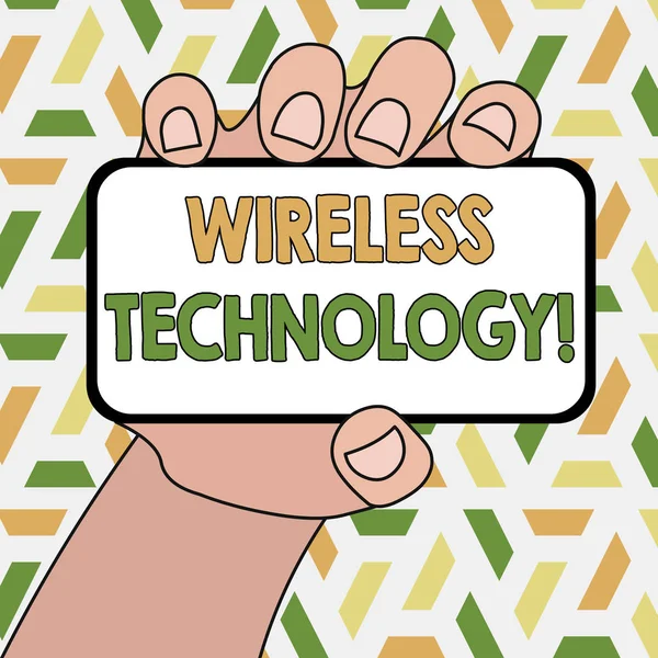 Word writing text Wireless Technology. Business concept for a technology that allows wireless communication Closeup of Smartphone Device Held in Hand with Blank Screen and Text Space. — Stock Photo, Image