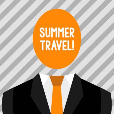 Yaz Seyahatgösteren kavramsal el yazısı. İş fotoğraf belirli bir gezi veya yolculuk genellikle rekreasyon amaçlı Sembolik Çizim Şekil Man Resmi Suit Oval Faceles Head vitrine.