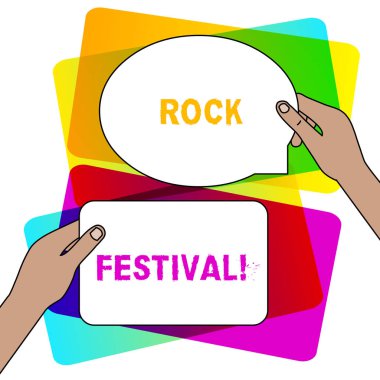 El yazısı metin Rock Festivali yazma. Konsept anlamı Heavy metaltürü Two Blank Figured Tablets Signs Held in Hands One Above Other Text Space'in yer aldığı Büyük Ölçekli rock müzik konseri.