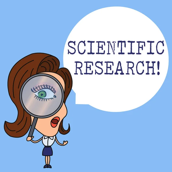 Writing note showing Scientific Research. Business photo showcasing methodical study to prove or disprove a hypothesis Woman Looking Trough Magnifying Glass Big Eye Blank Round Speech Bubble. — Stock Photo, Image
