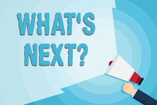 Word writing text What S Is Nextquestion. Business concept for Uncertainty about the following plan or actions to do Hand Holding Megaphone with Blank Wide Beam for Extending the Volume Range. — 스톡 사진