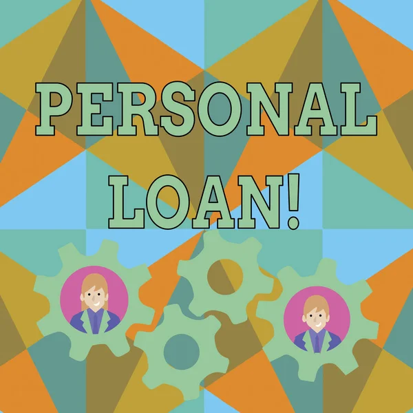 Text sign showing Personal Loan. Conceptual photo unsecured loan taken by individuals from a financial company Two Business People Each Inside Colorful Cog Wheel Gears for Teamwork Event.