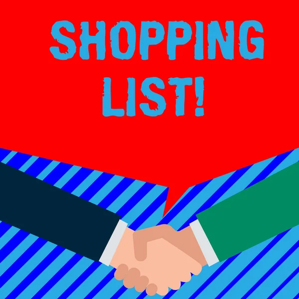 Word writing text Shopping List. Business concept for a list of items to be considered or purchases to be made Two persons have bubbly conversation while greet each other and shake hands.