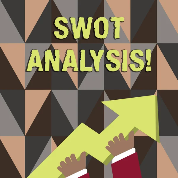 Word writing text Swot Analysis. Business concept for framework used to evaluate a company s is competitive position photo of Hand Holding Colorful Huge 3D Arrow Pointing and Going Up. — Zdjęcie stockowe