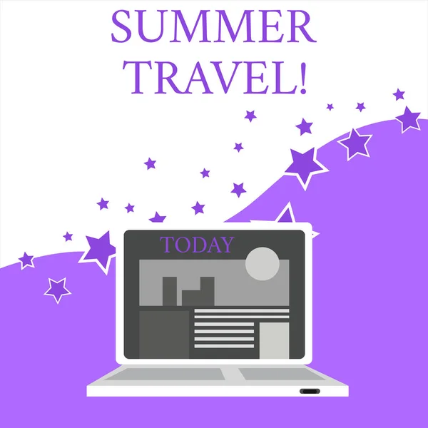 显示夏季旅行的文本符号。概念照片特定行程或旅程通常是为了娱乐目的打开现代笔记本电脑打开与网站主页在屏幕 Web 搜索. — 图库照片