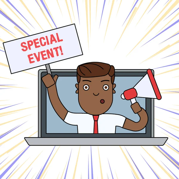 Word writing text Special Event. Business concept for activity or gathering that is planned for a special purpose Man Speaking Through Laptop Screen into Megaphone Blank Plate with Handle.