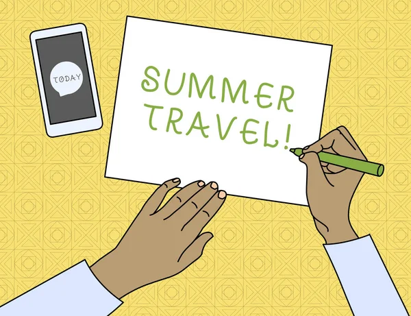 Písemné koncepční psaní ukazující letní cestování. Speciální výlet pro text v zaměstnání nebo cesta obvykle za účelem rekreace nejlepší zobrazení muž psací papír pero telefon ikona. — Stock fotografie