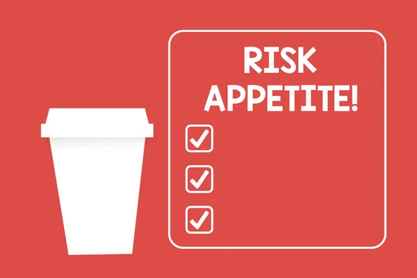 Word writing text Risk Appetite. Business concept for the level of risk an organization is prepared to accept Blank Coffee Tea Paper Cup in White Empty Square Frame Copy Space in Red. — Stock Photo, Image
