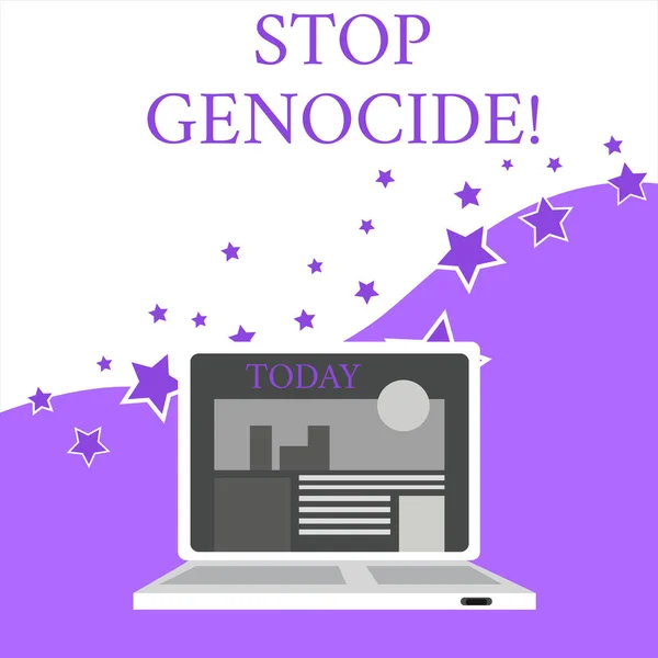 Signo de texto que muestra Stop Genocide. Foto conceptual para poner fin a los asesinatos y atrocidades de mostrar el ordenador portátil moderno abierto encendido con el sitio web Página principal en la pantalla Búsqueda en la web . — Foto de Stock