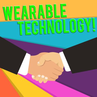 El yazısı metin Giyilebilir Teknoloji. Aksesuar olarak giyilebilen elektronik cihazlar anlamına gelen konsept El Sıkışma Çok ırklı Erkek İş Ortakları İş Arkadaşları Resmi Siyah Takımlar.