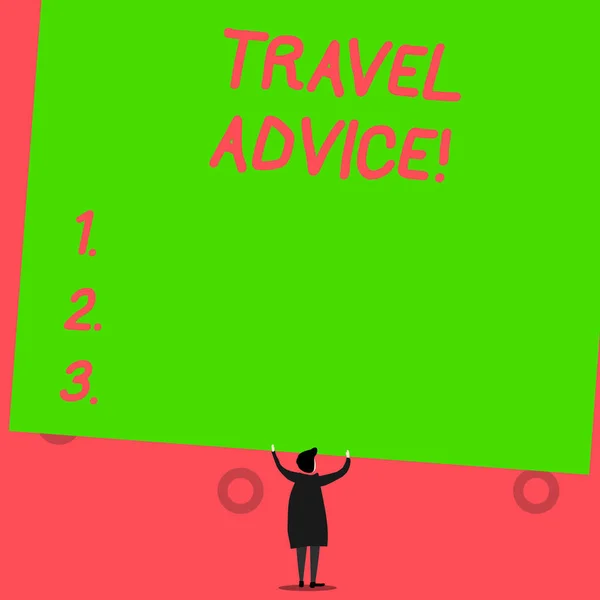 Writing note showing Travel Advice. Business photo showcasing Tips related to responsible travel in chosen destination. — Stock Photo, Image