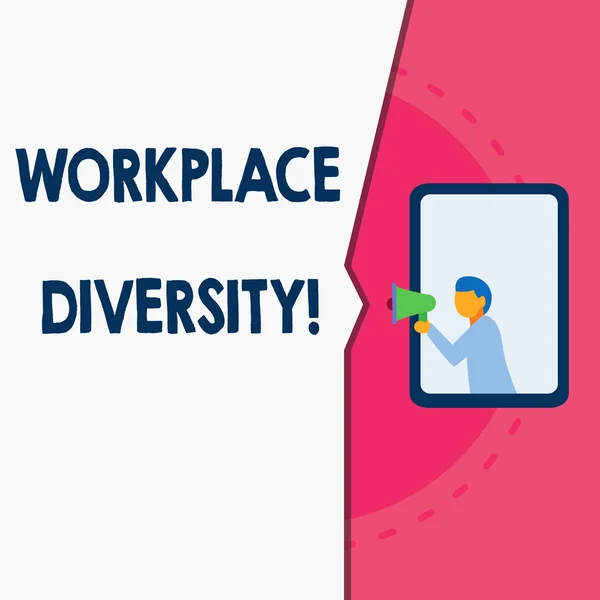 Word writing text Workplace Diversity. Business concept for environment that accepts each individual s is differences Man stands in window hold loudspeaker speaking trumpet without listener.