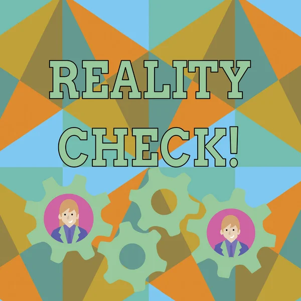 Text sign showing Reality Check. Conceptual photo one is reminded of the state of things in the real world Two Business People Each Inside Colorful Cog Wheel Gears for Teamwork Event.