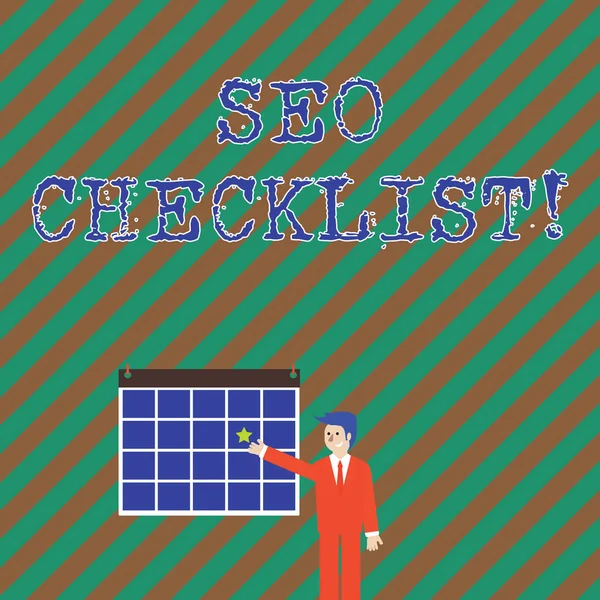 Texto de escritura de palabras Seo Checklist. Concepto de negocio para la lista de elementos necesarios para optimizar el motor de búsqueda Businessman Smiling and Pointing to Colorful Calendar with Star Hang on Wall . —  Fotos de Stock