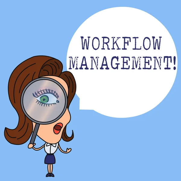 Writing note showing Workflow Management. Business photo showcasing the execution and automation of business processes Woman Looking Trough Magnifying Glass Big Eye Blank Round Speech Bubble. — 스톡 사진