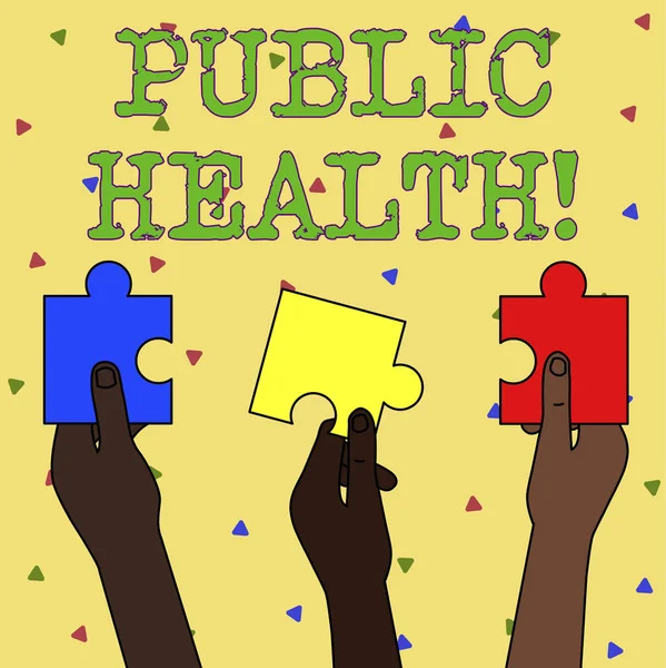 Word writing text Public Health. Business concept for government protection and improvement of community health Three Colored Empty Jigsaw Puzzle Pieces Held in Different People Hands. — 스톡 사진