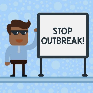 Salgını Durdur'u gösteren kavramsal el yazısı. Benzer bir hastalık Ofis Çalışanı Güneş Gözlüğü Boş Beyaz Tahta Toplantı Sunumu karşı karşıya gösteren olay önlemek İş fotoğraf vitrin.