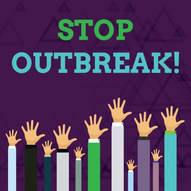 Salgını Durdur'u gösteren metin işareti. Kavramsal fotoğraf, benzer bir hastalık la karşı karşıya gösteren olay önlemek Birkaç İşadamları Başının Üzerinde Raising Up, Palm Facing Front.