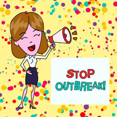 Salgını Durdur'u gösteren kavramsal el yazısı. İş fotoğraf blowhorn Renkli Backgdrop Metin Kutusu konuşan benzer bir hastalık Genç Kadın karşı karşıya gösteren olay önlemek vitrin.