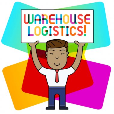 Depo Lojistiği'ni gösteren kavramsal el yazısı. İş fotoğraf her iki elile Placard Head holding ayakta iş hem fiziksel mal ve bilgi akışı vitrine.