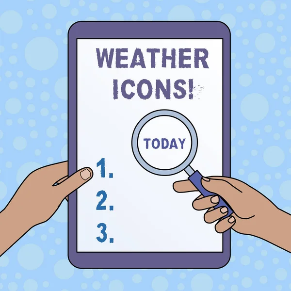 Text schreiben Wetter-Symbole. Geschäftskonzept für die Darstellung auf einem synoptischen Diagramm für die Wettervorhersage Hände halten Lupe gegen ausgeschaltete Touchscreen-Tablet verwendet. — Stockfoto