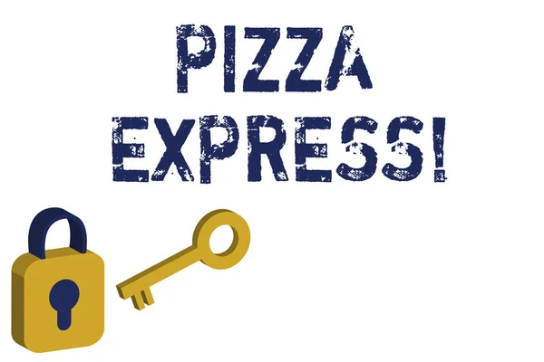 Text skylt som visar pizza Express. Konceptuell bild snabb leverans av pizza vid din tröskel Snabb servering gula och blå 3D låst hänglås och nyckel isolerad mot vit bakgrund. — Stockfoto